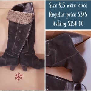 .Pajar black suede above the knee boots. Patent leather cuff,fur lined